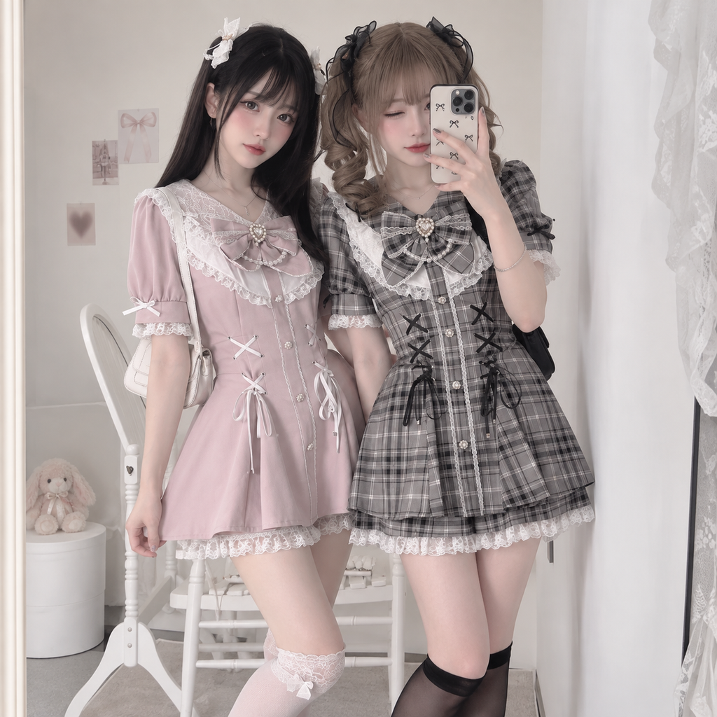 Kawaii Kurzarm Rock Sets Damen Ästhetisch Schmal