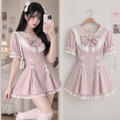 Kawaii Kurzarm Rock Sets Damen Ästhetisch Schmal