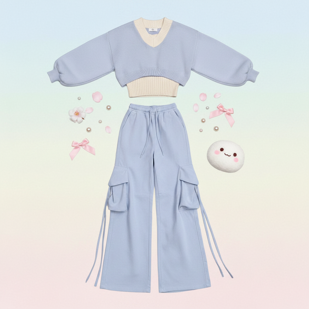 Girl Autumn Winter Korean Knit Sweater Vest Cargo Pants - Vusy Kawaii Shop