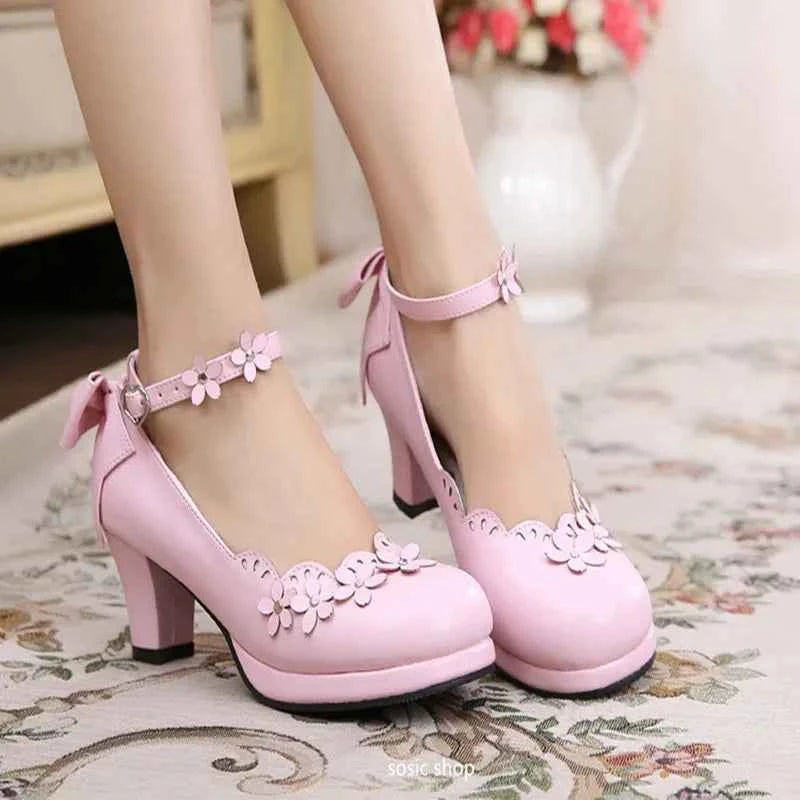 lolita Japanese jk petal bow tea party sweet and cute high heel women's shoes Princess Kawaii Girl Women Vintage Sweet Lolita
