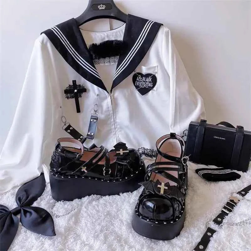Japanese Gothic Punk Style Rivet Shoes Vintage Round Head Thick Bottom Women Shoes Cross Bandage Dark Shoes Loli Cosplay