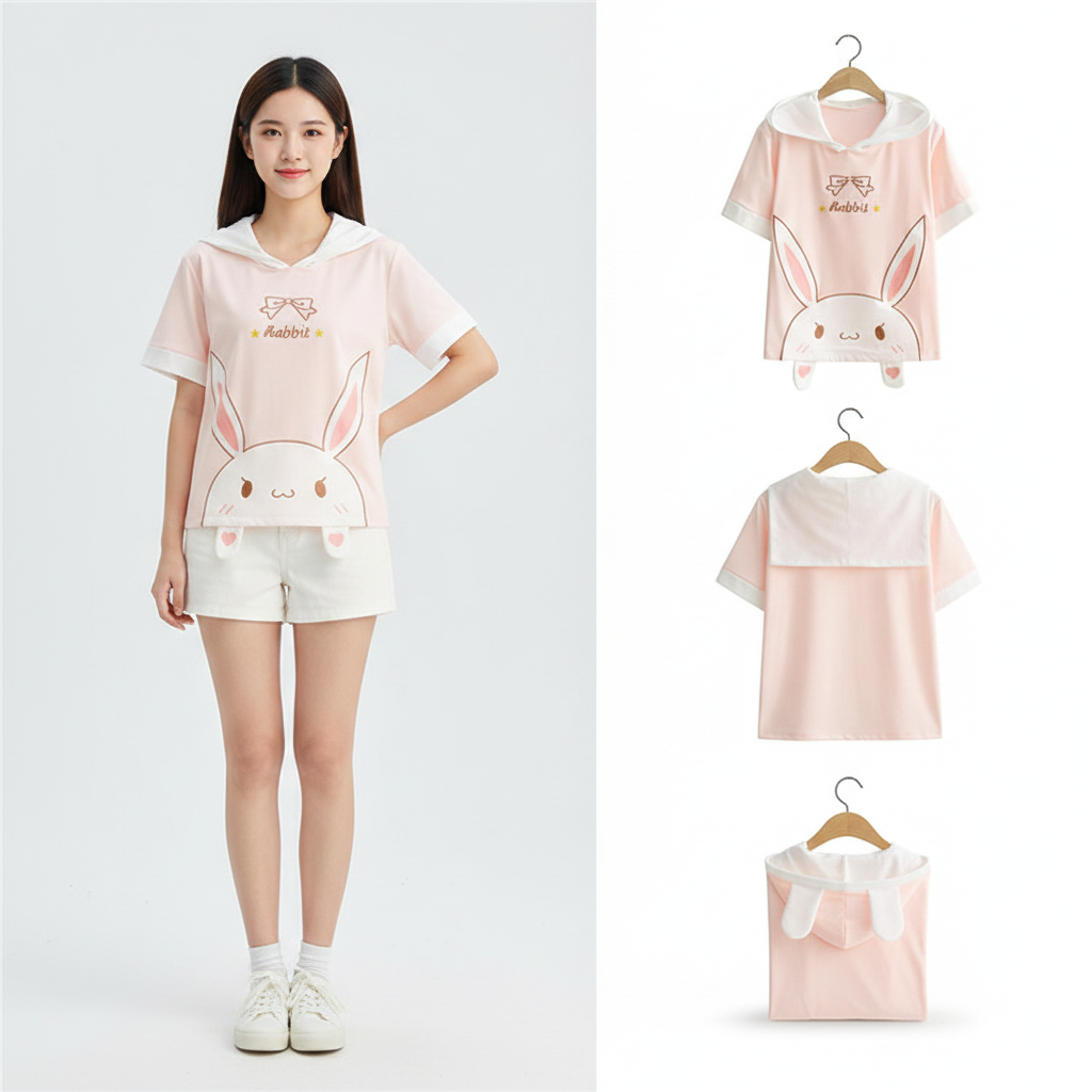 Sommer Kawaii T-Shirt Damen Harajuku Niedliches Kaninchen Lange Ohren