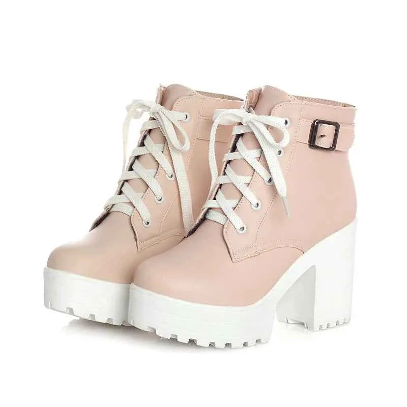 Autumn  Boots Boots Women Round Toe Buckle Shoes Women High Heel Fashion Plus Size Square Heels Lacing 3 Colors 369