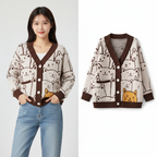 Harajuku Kawaii Cartoon V-Ausschnitt Strickjacke Damen Süße Katze