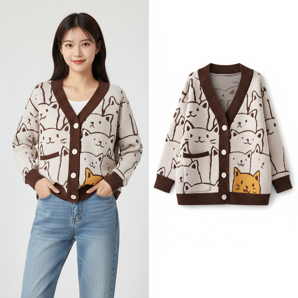 Gilet col V dessin animé Harajuku Kawaii pour femmes mignon chat