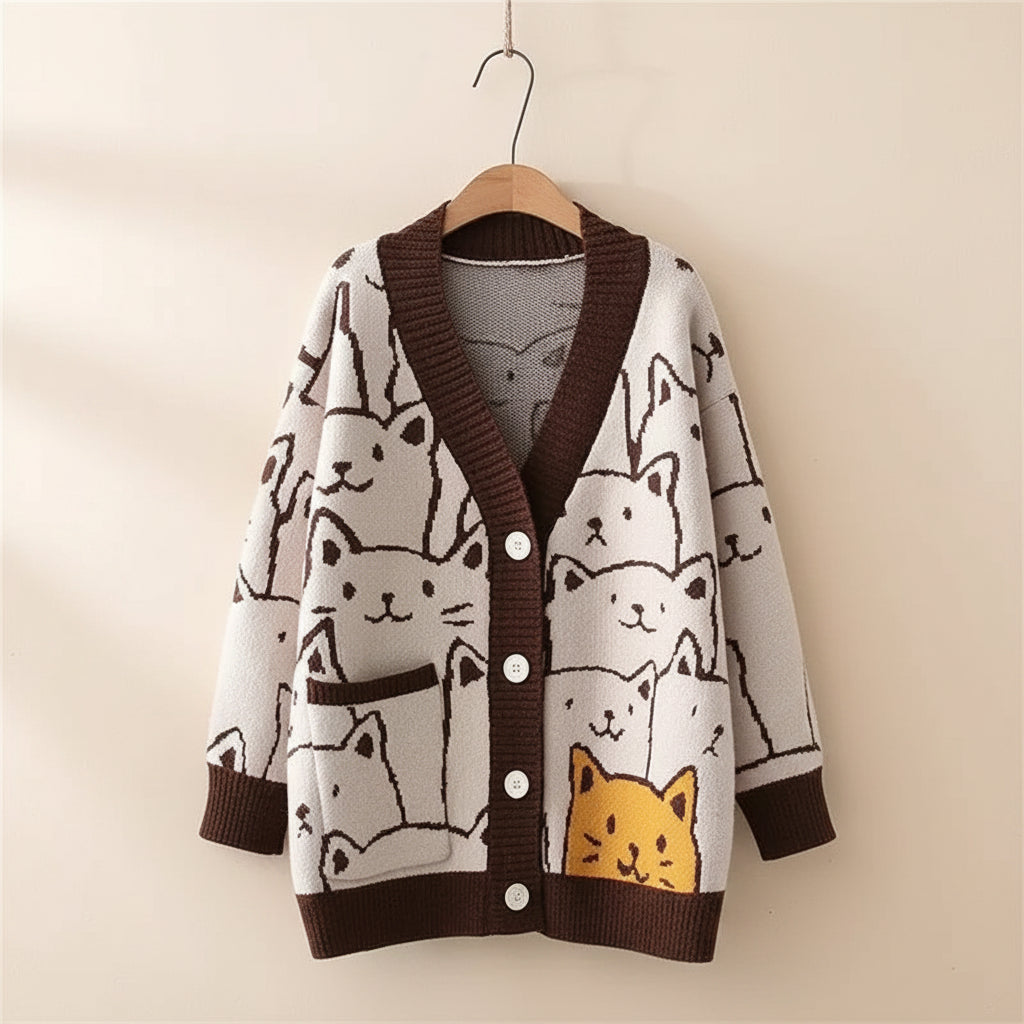 Harajuku Kawaii Cartoon V Neck Cardigan Women Cute Cat - Vusy Kawaii Shop
