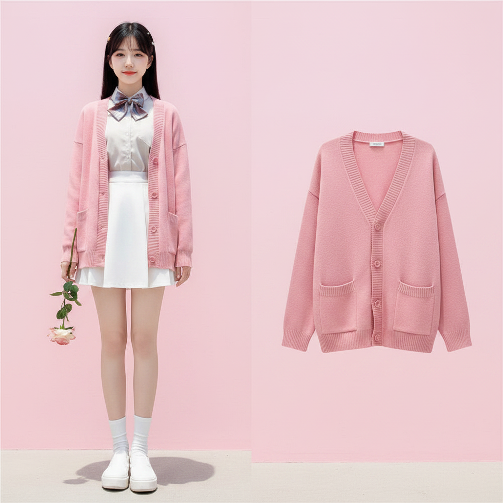Cardigan Femme Uni Ample Oversize Pull Étudiant Preppy