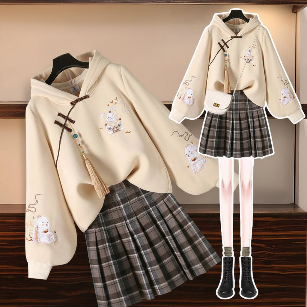 Chinese Style Improved Element Hoodies Sweatshirt Plaid - Vusy Kawaii Shop