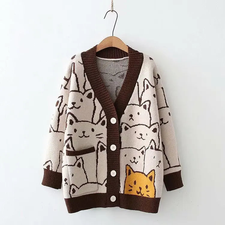 Harajuku Kawaii Cartoon V Neck Cardigan Women Cute Cat - Vusy Kawaii Shop