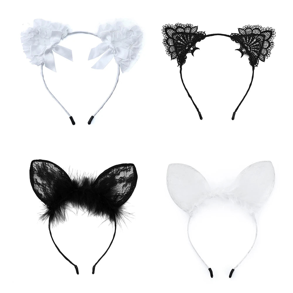 Collage of 4 cat ear headbands: white lace bows, black fan lace, black and white fur