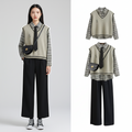 Plaid Shirt, Knit Sweater Vest & Wide-Leg Pants 3-Piece Set