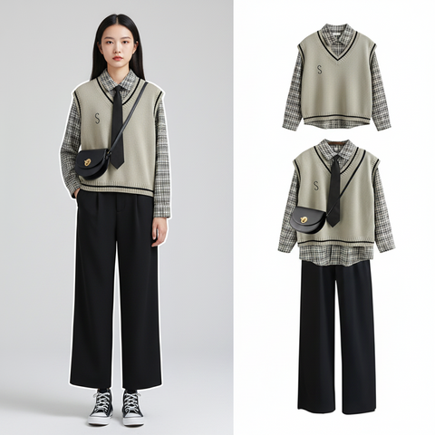 Women Long Sleeved Plaid Shirt Knitted Sweater Vest Wide Leg - Vusy Kawaii Shop