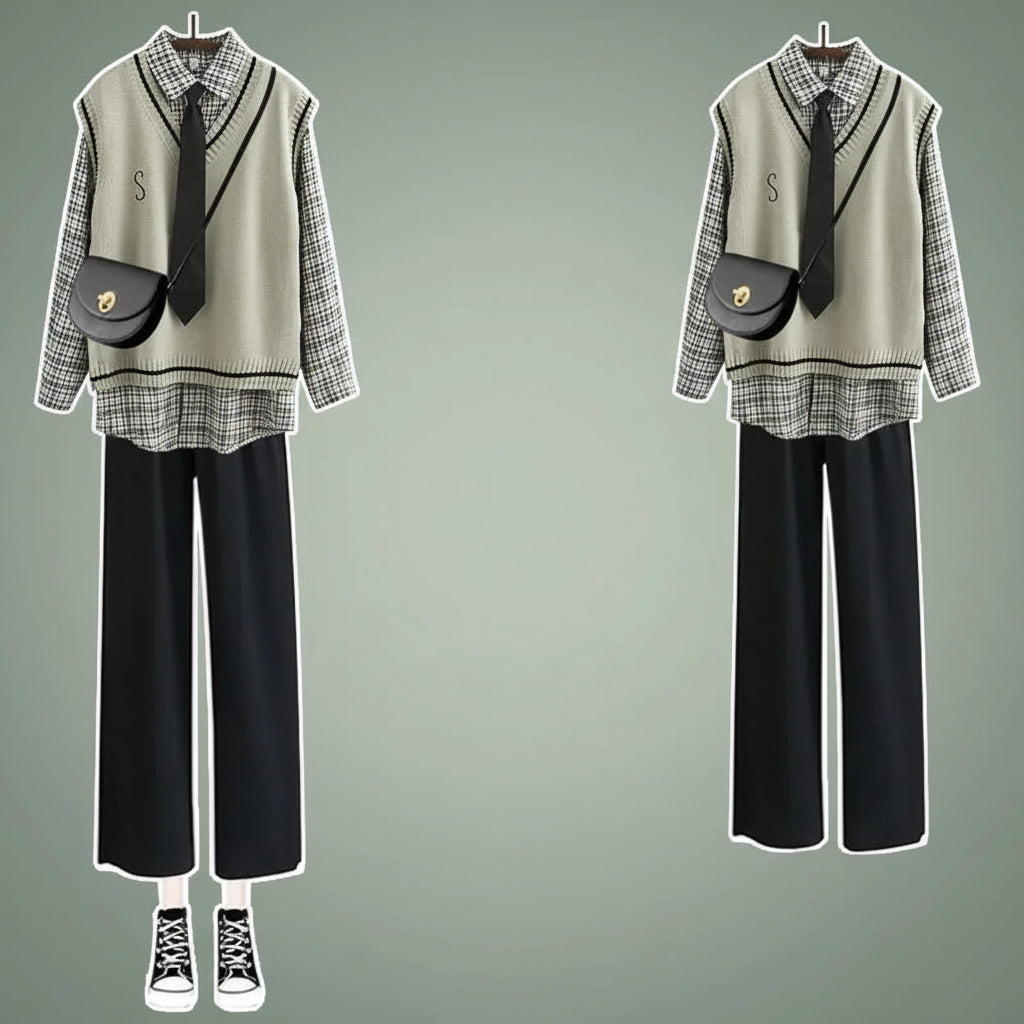 Women Long Sleeved Plaid Shirt Knitted Sweater Vest Wide Leg - Vusy Kawaii Shop