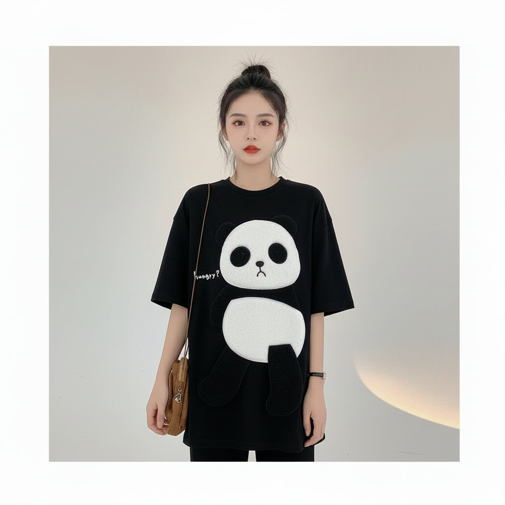 Summer Flocking Cartoon Panda Pattern Stitching T Shirts - Vusy Kawaii Shop