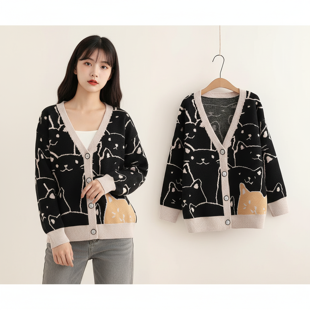Gilet col V dessin animé Harajuku Kawaii pour femmes mignon chat
