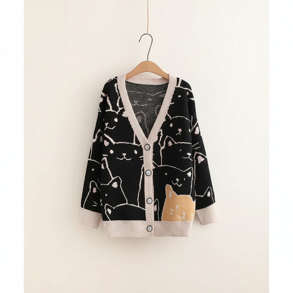 Harajuku Kawaii Cartoon V Neck Cardigan Women Cute Cat - Vusy Kawaii Shop
