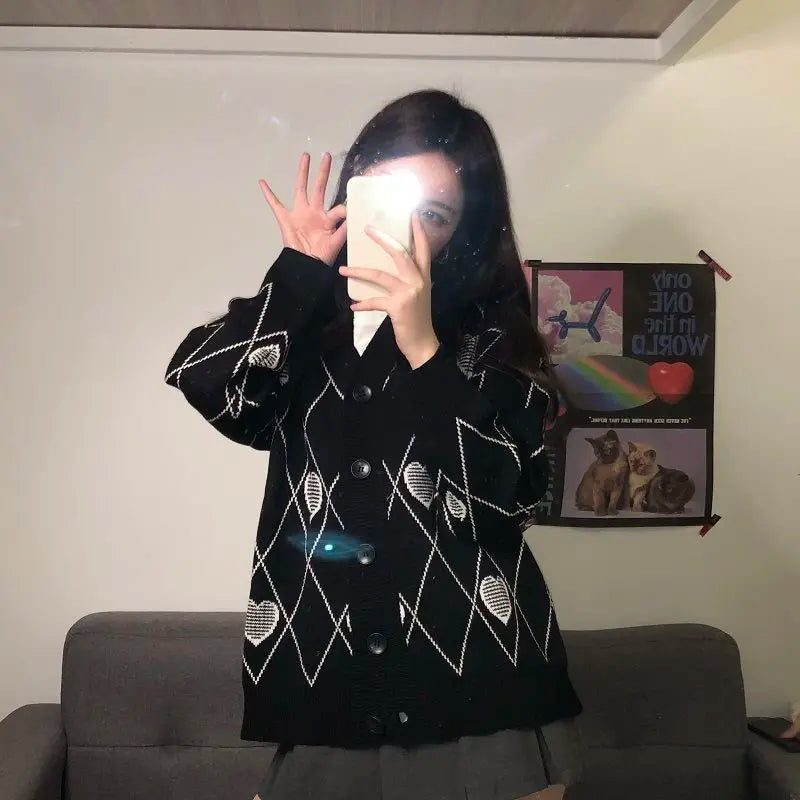 Women Heart Pattern Jacquard Sweater Long Sleeve Love Style - Vusy Kawaii Shop