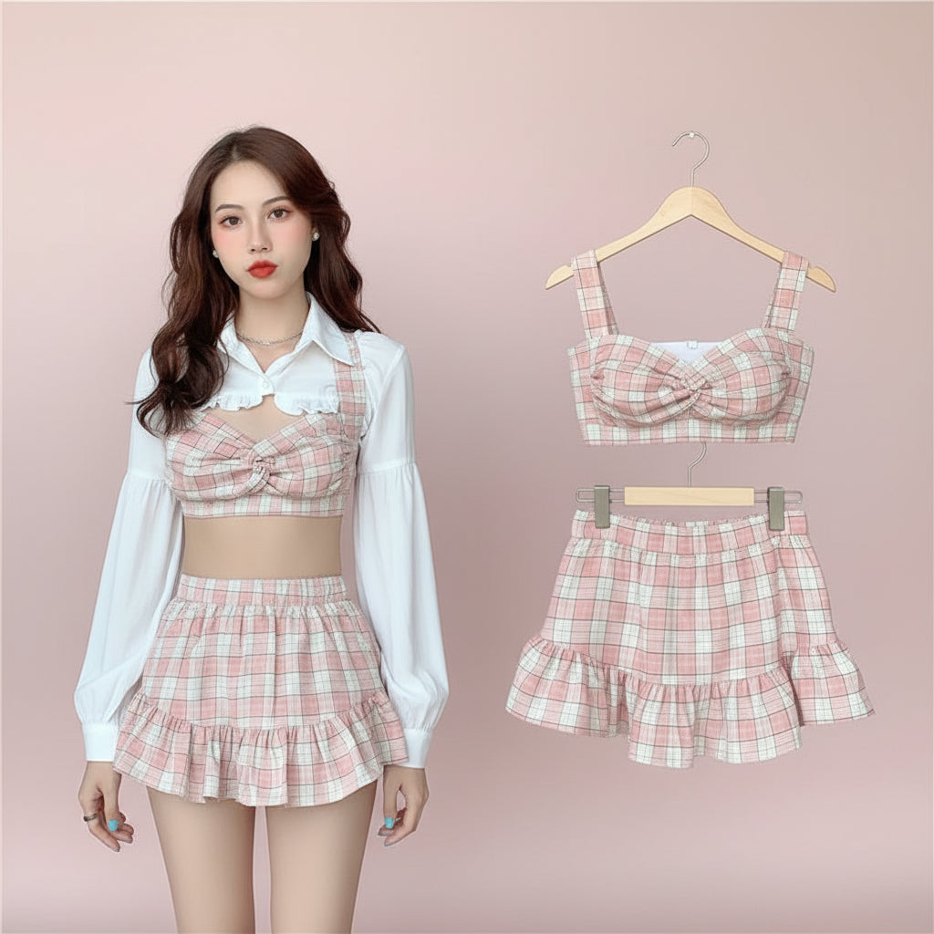 Korean Summer Fashion Outfit Sexy Short Ruffles Shirt Plaid - Vusy Kawaii Shop