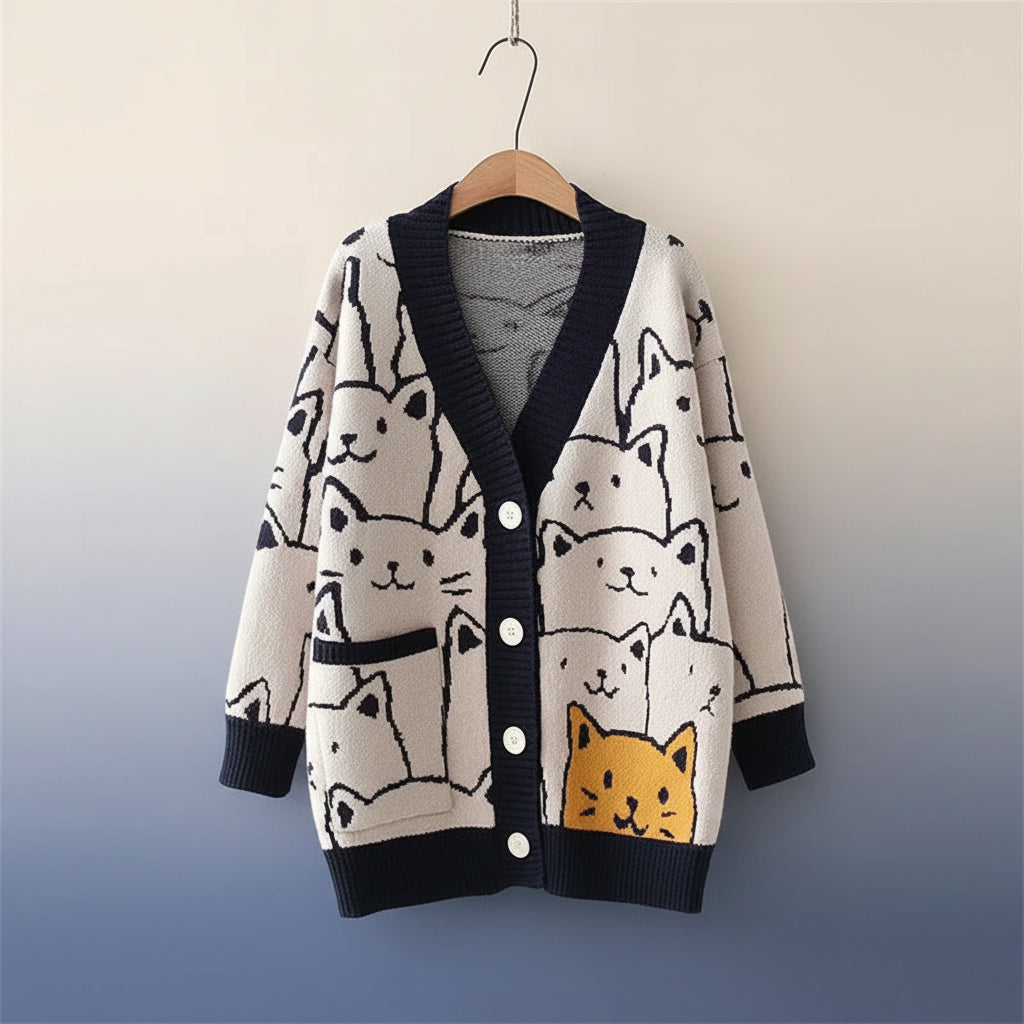 Harajuku Kawaii Cartoon V Neck Cardigan Women Cute Cat - Vusy Kawaii Shop