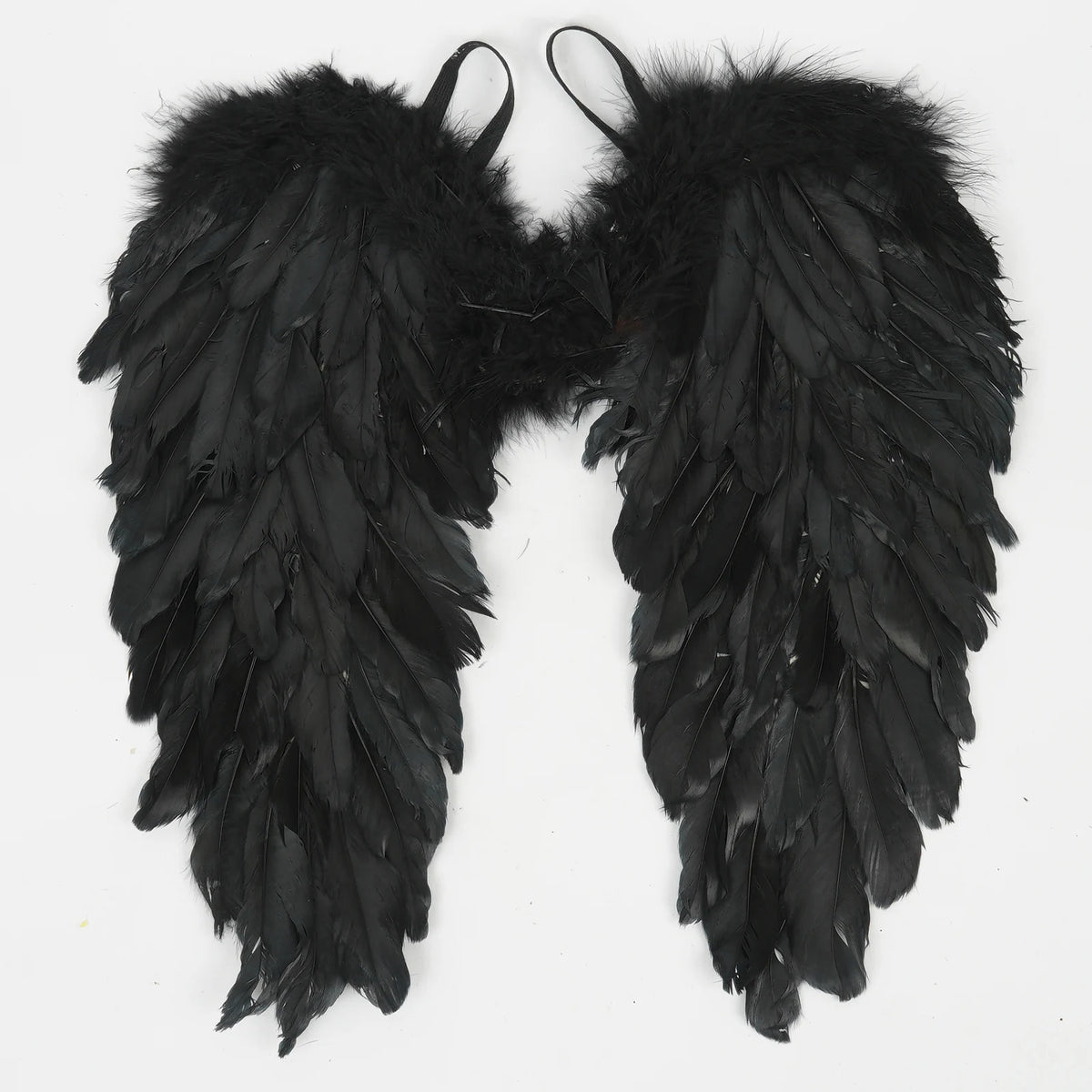Black feather angel wings front view with straps visible