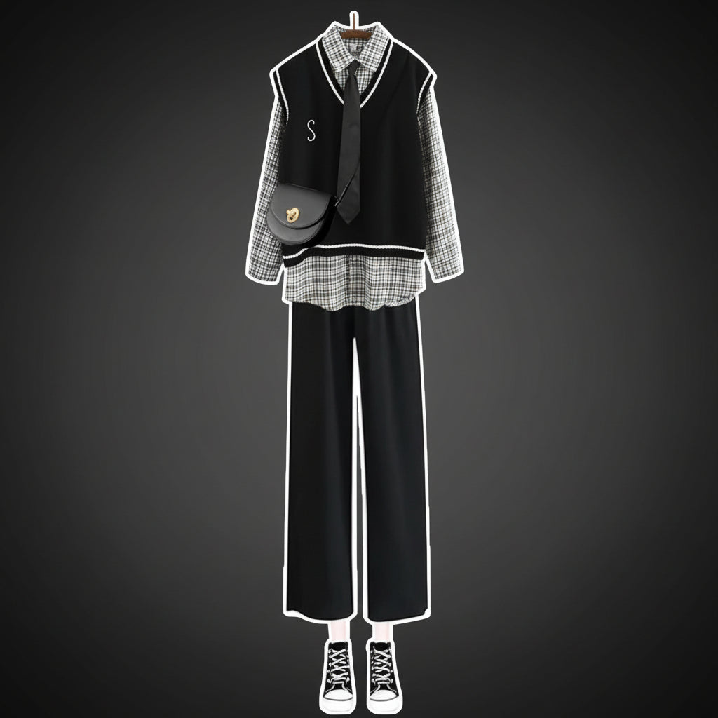 Women Long Sleeved Plaid Shirt Knitted Sweater Vest Wide Leg - Vusy Kawaii Shop