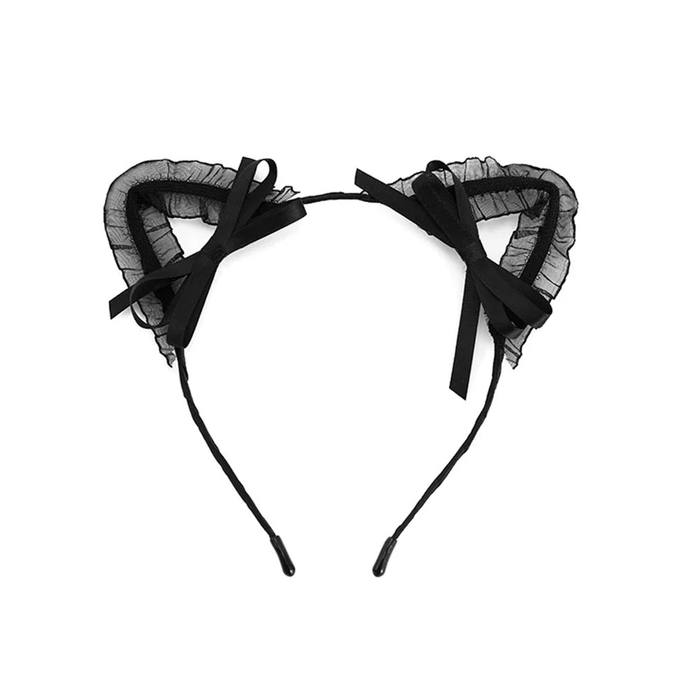 Ruffled black mesh triangle cat ears with satin bows, front view