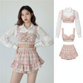Koreanische Sommermode Outfit Sexy Kurzes Rüschenhemd Karo
