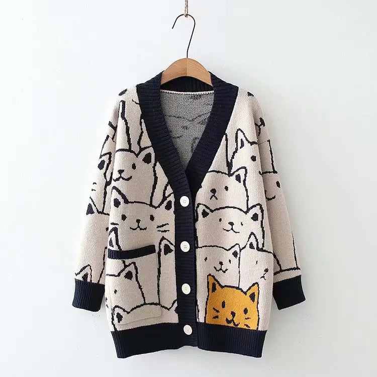 Harajuku Kawaii Cartoon V Neck Cardigan Women Cute Cat - Vusy Kawaii Shop