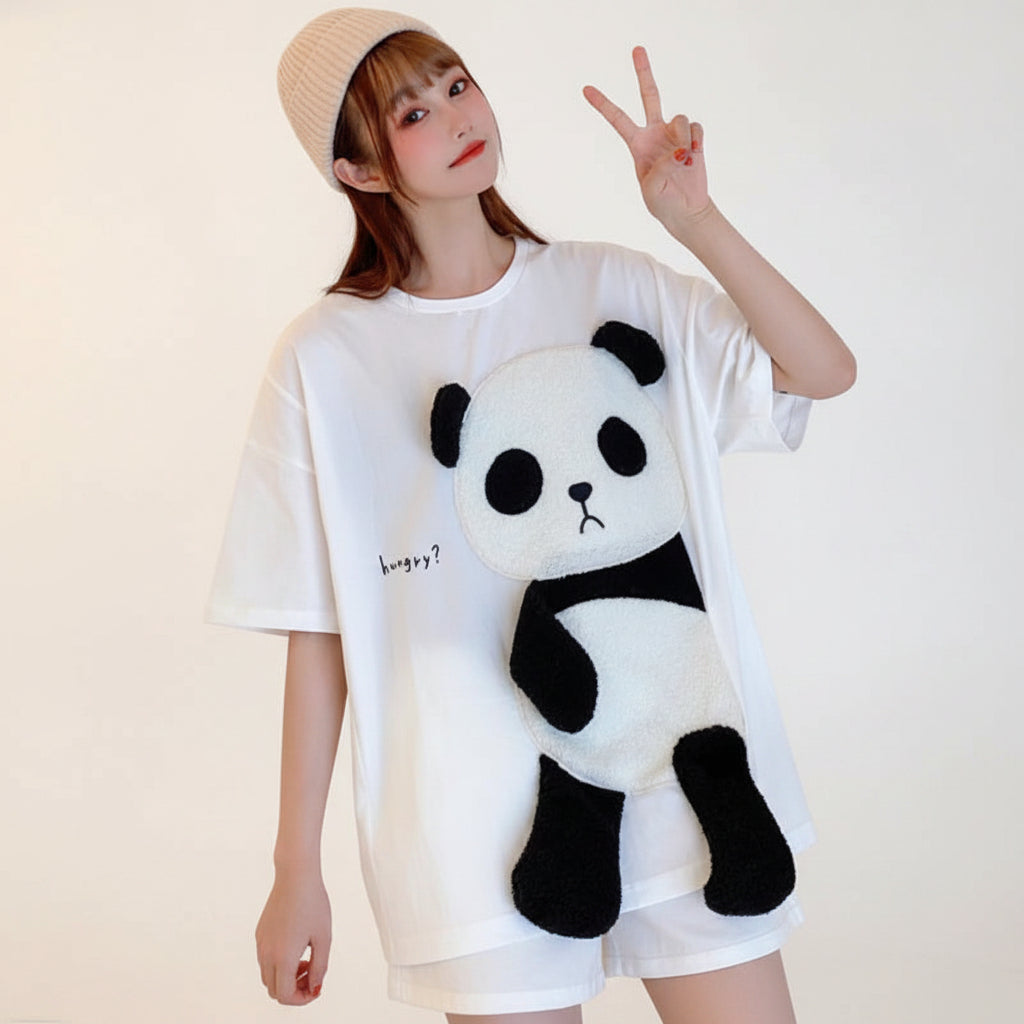 Summer Flocking Cartoon Panda Pattern Stitching T Shirts - Vusy Kawaii Shop