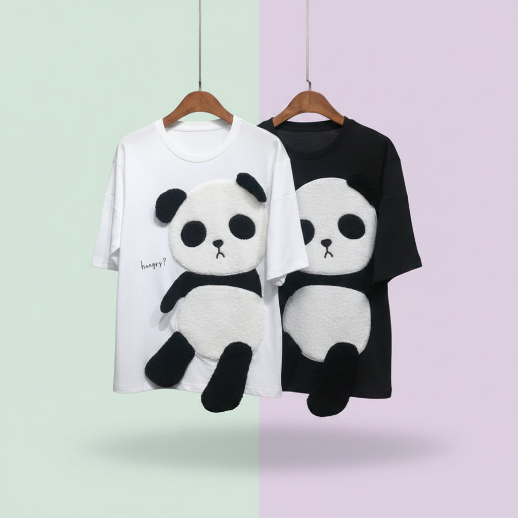 Summer Flocking Cartoon Panda Pattern Stitching T Shirts - Vusy Kawaii Shop