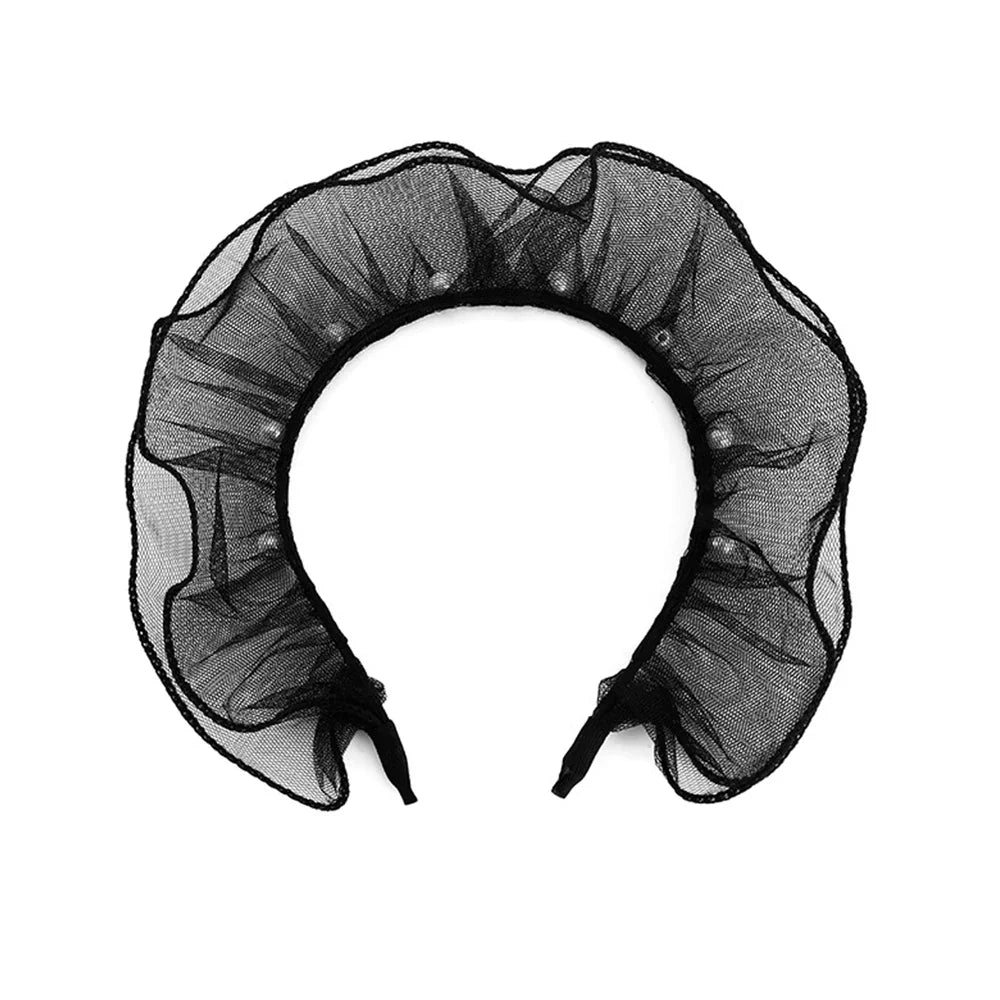 Black ruffled mesh headband, wide scalloped front view