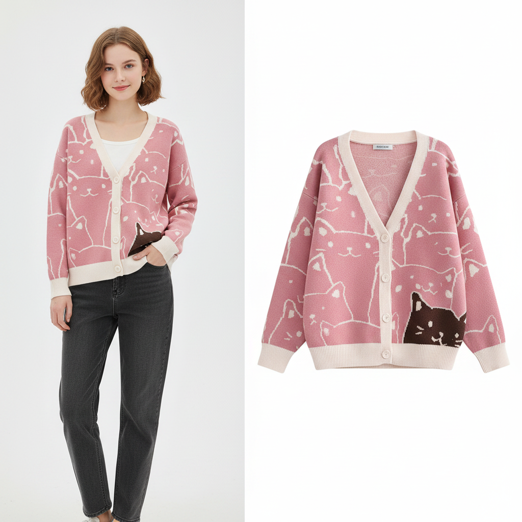 Gilet col V dessin animé Harajuku Kawaii pour femmes mignon chat