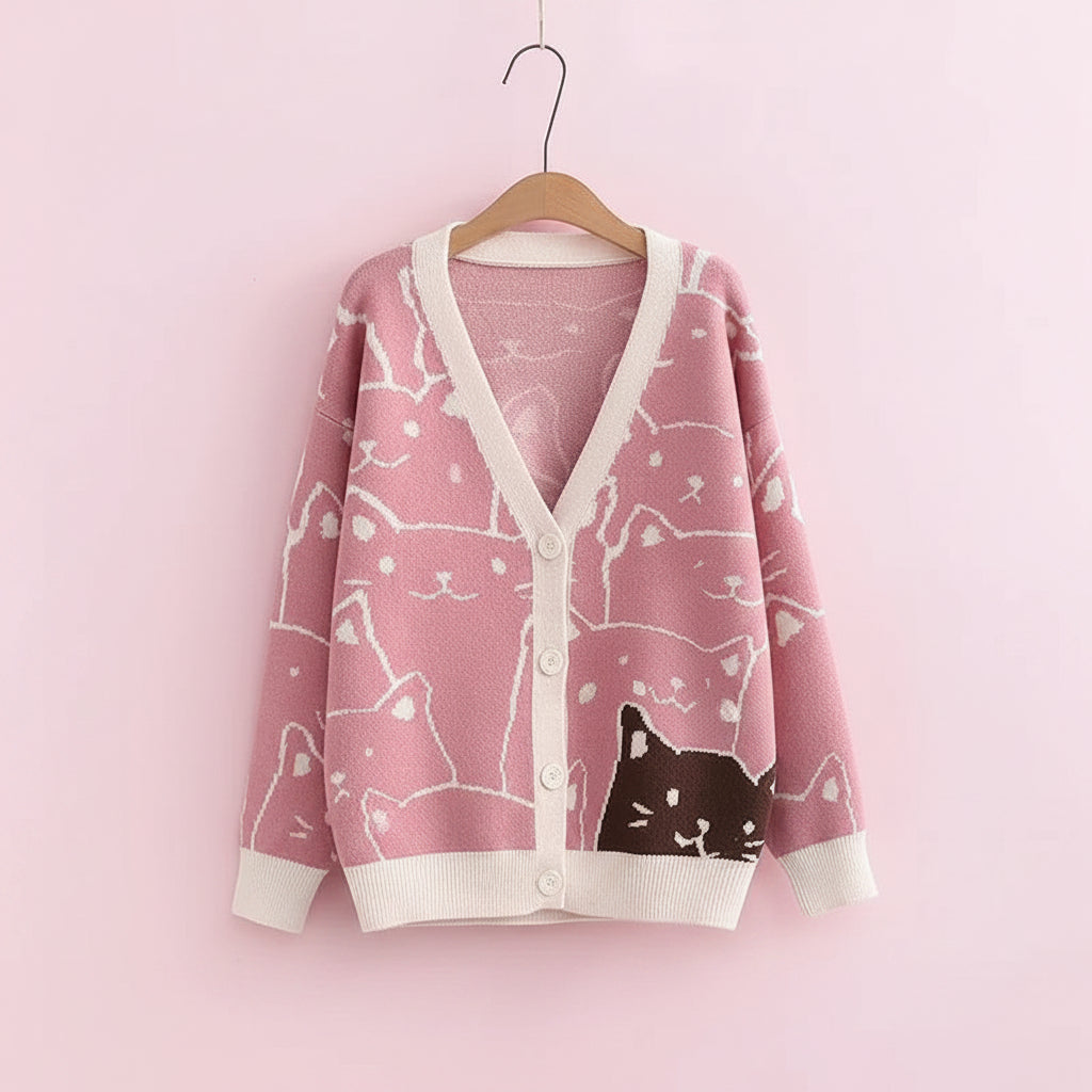 Harajuku Kawaii Cartoon V Neck Cardigan Women Cute Cat - Vusy Kawaii Shop