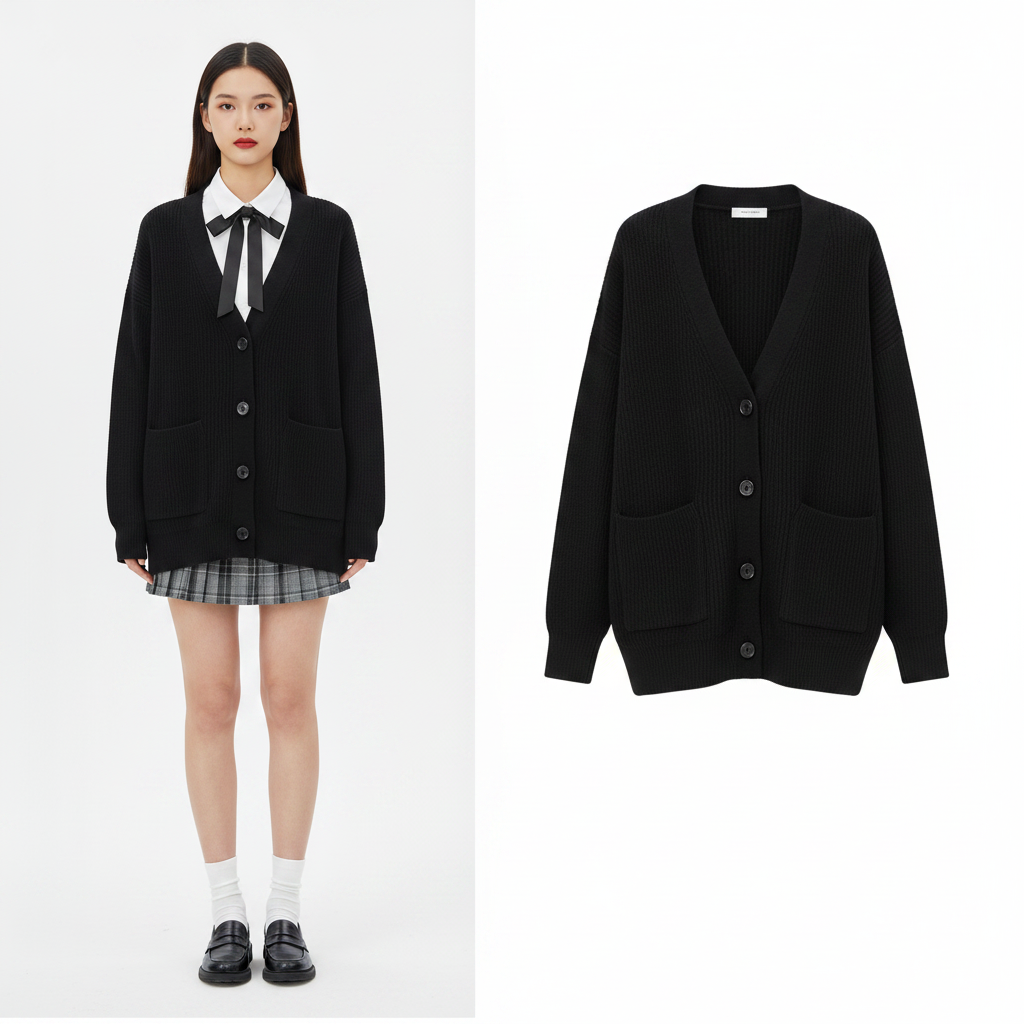 Cardigan Femme Uni Ample Oversize Pull Étudiant Preppy