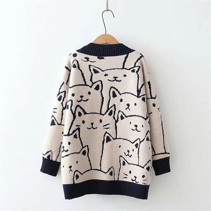 Harajuku Kawaii Cartoon V Neck Cardigan Women Cute Cat - Vusy Kawaii Shop