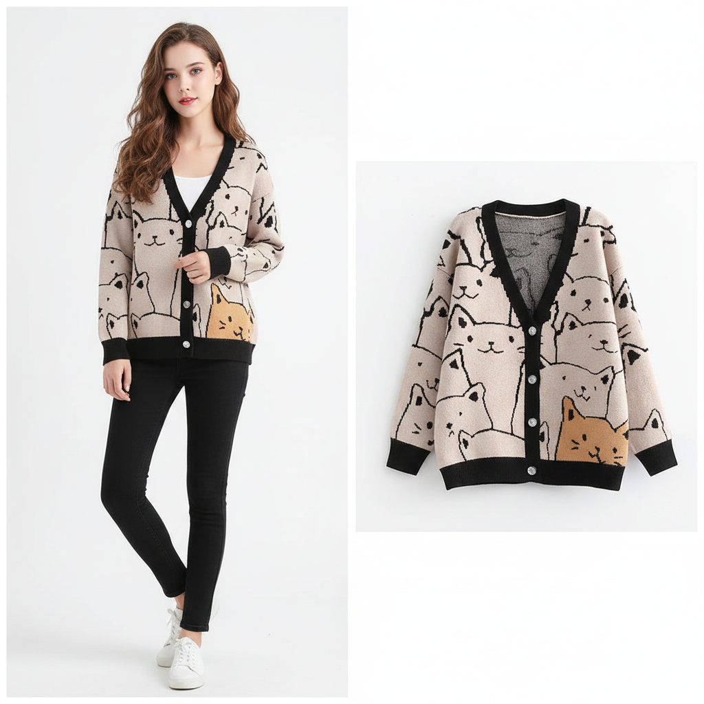 Gilet col V dessin animé Harajuku Kawaii pour femmes mignon chat