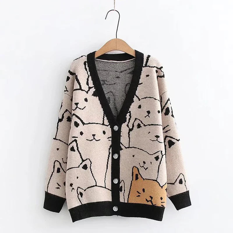 Harajuku Kawaii Cartoon V Neck Cardigan Women Cute Cat - Vusy Kawaii Shop