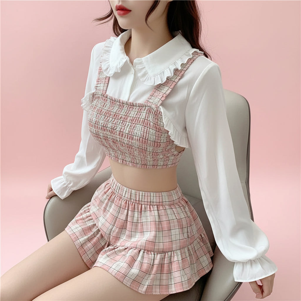 Korean Summer Fashion Outfit Sexy Short Ruffles Shirt Plaid - Vusy Kawaii Shop