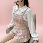Korean Summer Fashion Outfit Sexy Short Ruffles Shirt Plaid - Vusy Kawaii Shop