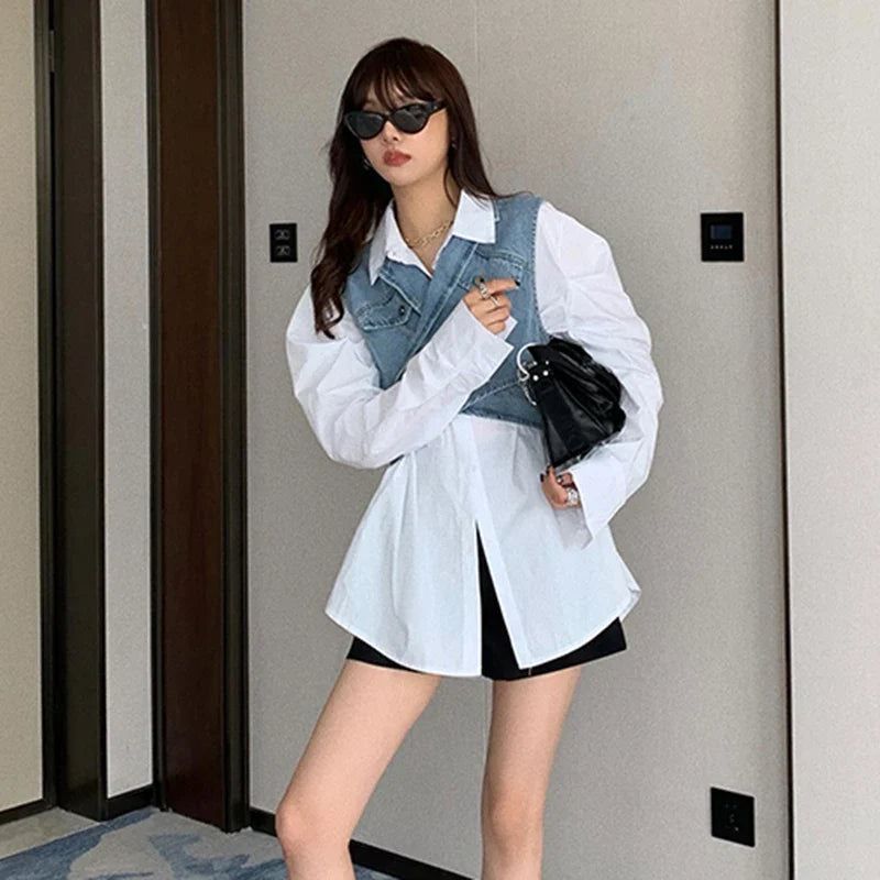 Elegant Two Piece Set Lapel Puff Sleeve Shirt Sleeveless - Vusy Kawaii Shop