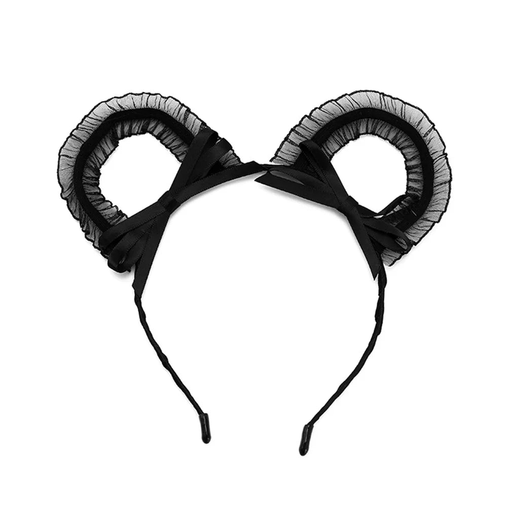 Round ruffled black mesh cat ear headband with satin bows, front view