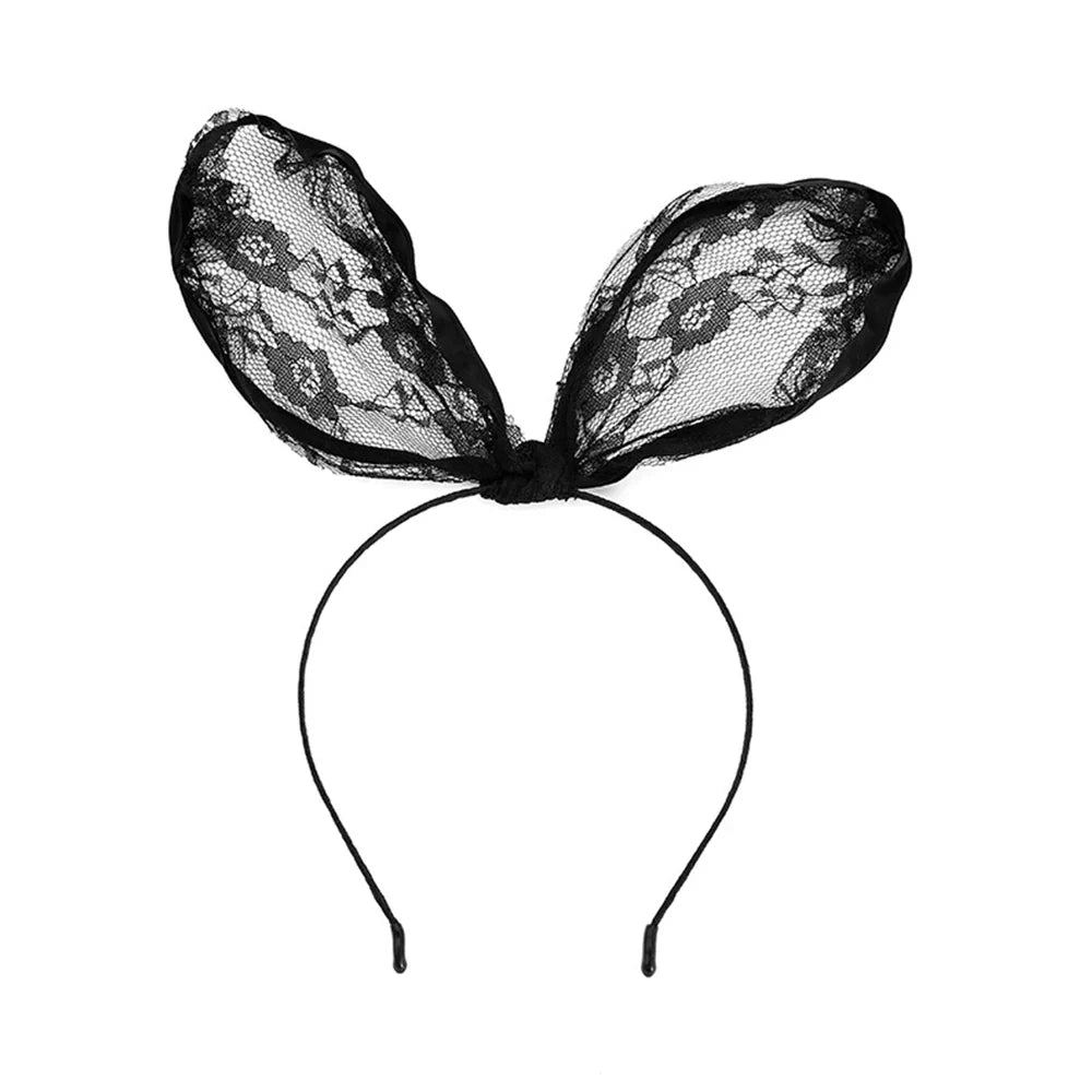Black lace bunny ear headband, front view on white background