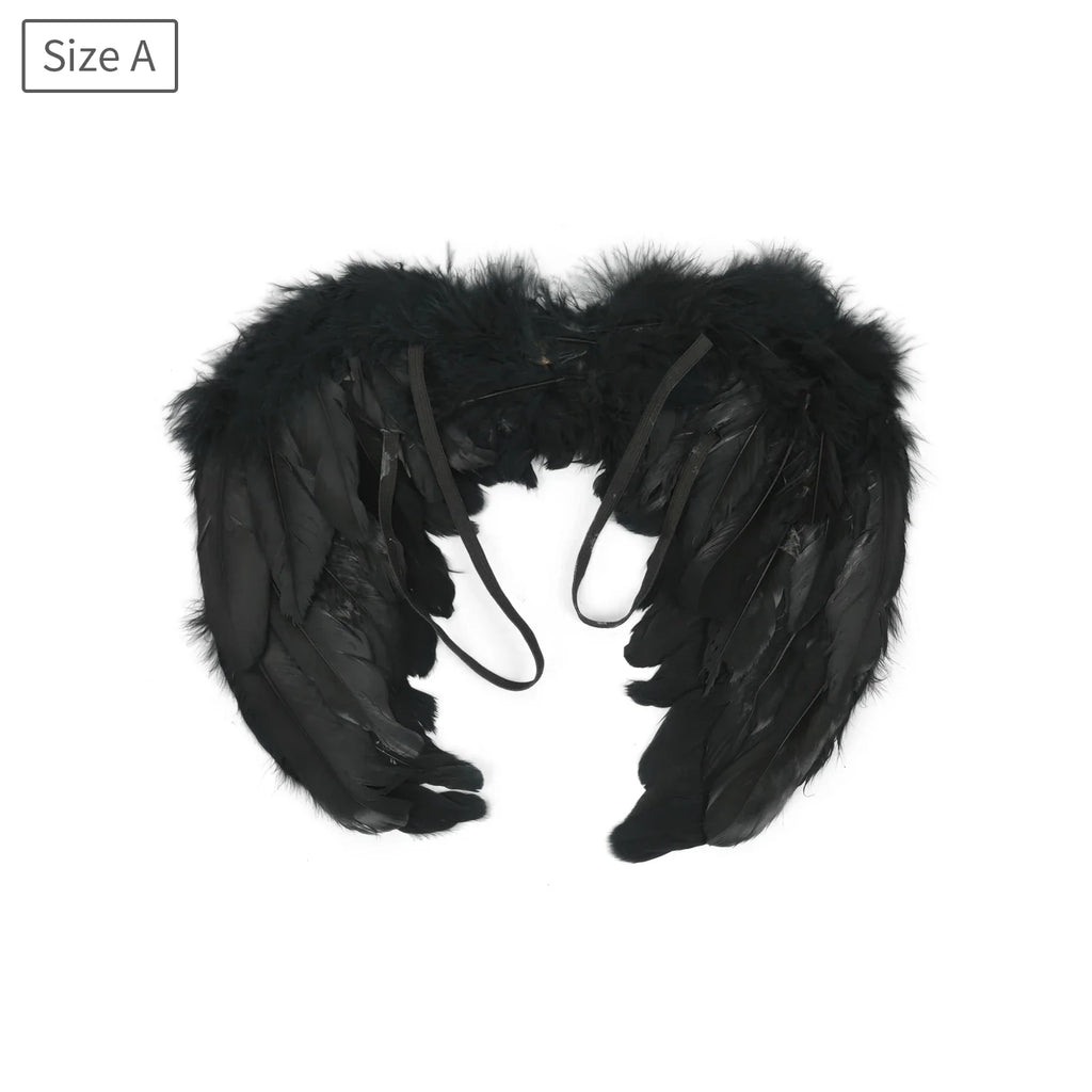 Black feather angel wings size A with straps, front view