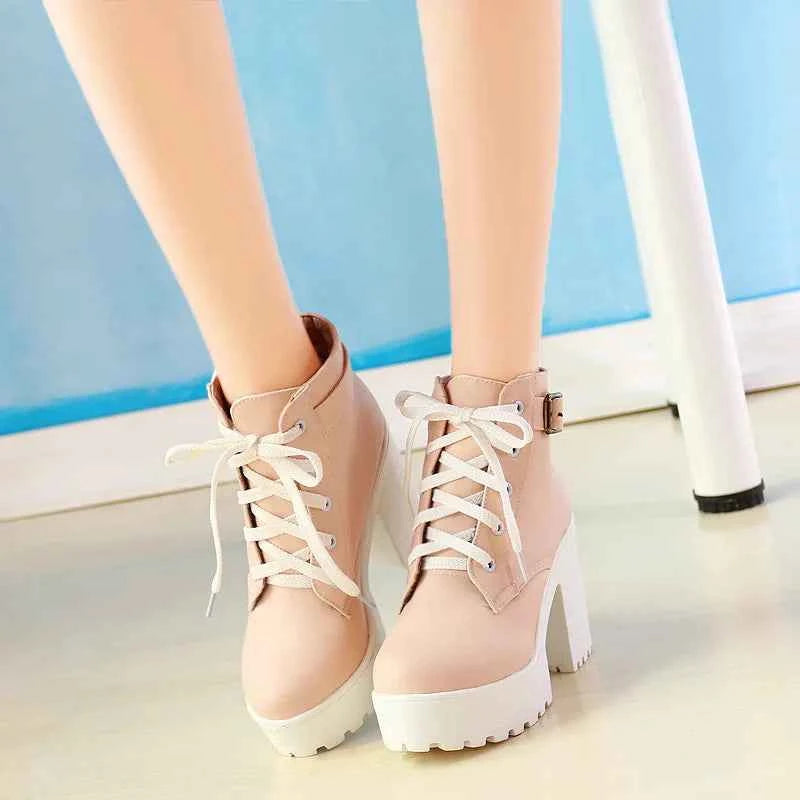 Autumn  Boots Boots Women Round Toe Buckle Shoes Women High Heel Fashion Plus Size Square Heels Lacing 3 Colors 369