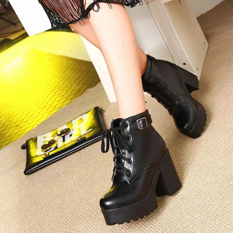 Autumn  Boots Boots Women Round Toe Buckle Shoes Women High Heel Fashion Plus Size Square Heels Lacing 3 Colors 369