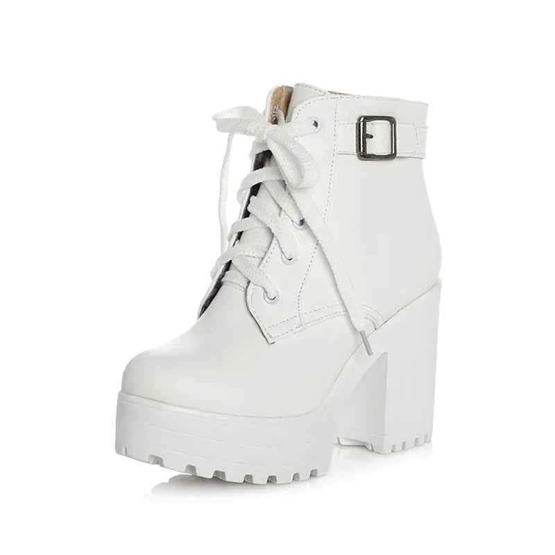 Autumn  Boots Boots Women Round Toe Buckle Shoes Women High Heel Fashion Plus Size Square Heels Lacing 3 Colors 369
