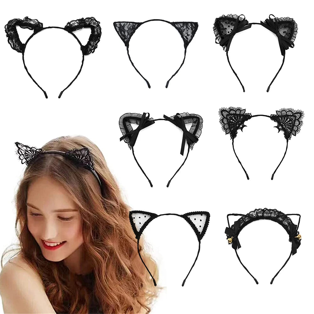 Collage of 8 black lace cat ear headband styles, one worn by a smiling woman