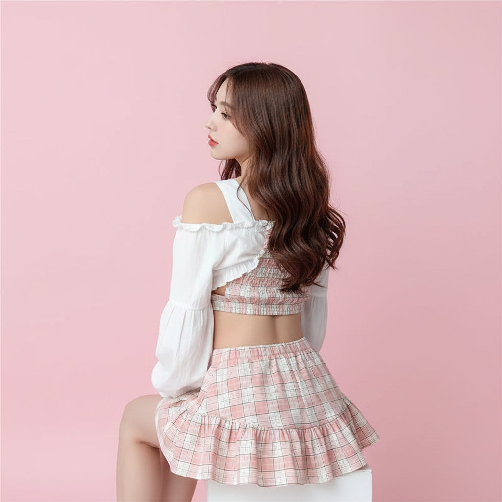 Korean Summer Fashion Outfit Sexy Short Ruffles Shirt Plaid - Vusy Kawaii Shop