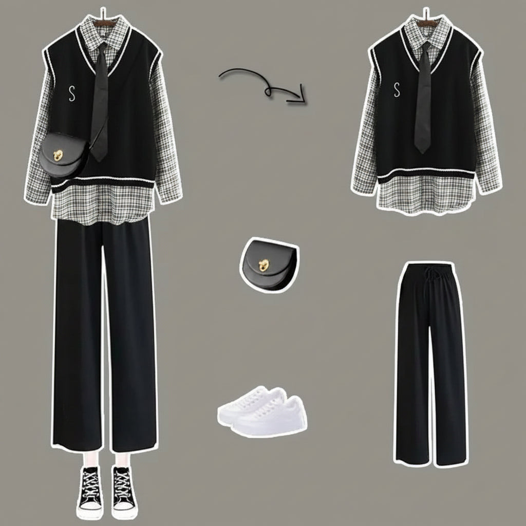 Women Long Sleeved Plaid Shirt Knitted Sweater Vest Wide Leg - Vusy Kawaii Shop