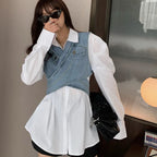 Elegant Two Piece Set Lapel Puff Sleeve Shirt Sleeveless - Vusy Kawaii Shop